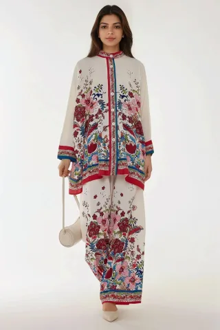 Bedrucktes High-Waist Kimono-Hosen-Set