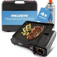 ZMC Gaskocher 2in1 Campingkocher Grillplatte mit Piezozündung + 4x Gaskartuschen, (Grillplatte Tischgrill Transportkoffer Gasbrenner Gasgrill Kochfeld LPG Anschluß Schwarz Wärmeleistung: 2,2KW), Butan Gas 227g Campingkocher Outdoor Camping Gas Kocher
