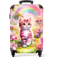 NoBoringSuitcases.com© Kinderkoffer Rosa und weißes Kätzchen umgeben von rosa Blumen 55x35x20cm, 4 Rollen, Handgepäck-Koffer, Kinderkoffer, Reisekoffer Mädchen