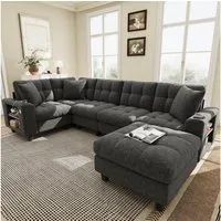 Merax Ecksofa U-förmiges XXL-Modulares Sofa mit USB-Anschlüssen, Chenille-Sofa, ideal für Wohnzimmer 1 Teile, 6-Sitzer-Sofa mit Bücherregal-Armlehnen, Hocker, Becherhalter & Kissen