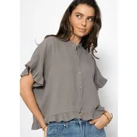 SASSYCLASSY Kurzarmbluse Oversize Musselin Hemdbluse Damen mit Rüschensaum Kurzärmelige Musselinbluse aus Baumwolle mit V-Ausschnitt