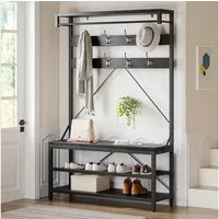 GarveeMore Garderobenständer 4-in-1 mit Sitzbank,3 Etagen Ablage und 8 Haken,183cm, mit Schuhbank,verstellbare Füße,Kleiderstange,101x40x183cm
