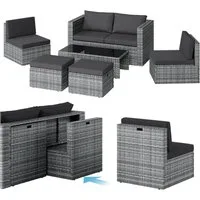 STEELSØN Gartenlounge-Set Noctura mit Sofa, 2 Sesseln, 2 Sitzhocker & Tisch, (grau-meliert/anthrazit, Polyrattan/Metall), Outdoor Sitzgruppe, für 6 Personen, wetterfest, inkl. Kissen & Polster