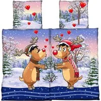 Visaggio Bettwäsche Winter Fleece Bettbezug flauschig warm, Fleece, 4 teilig, Thermofleece kuschelig weich, Partnerbettwäsche Elche