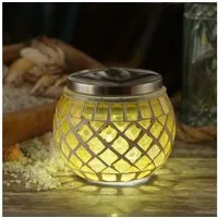 MARELIDA LED Solarleuchte Solar Windlicht Mosaik Glas Solarglas Mosaikleuchte für Balkon gelb, LED Classic, kaltweiss (5300K bis 6000K)