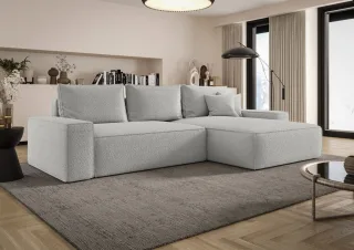 Ecksofa Schlafsofa Sofa WALKEN Stoff Quelle Hellgrau Ottomane Rechts