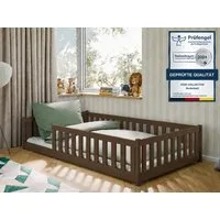 Kids Collective Kinderbett Bodenbett Bett mit Rausfallschutz & Lattenrost Montessori Bett Kinder (Jungen, Mädchen, Kinder, weitere Größen 80x160, 80x180, 90x190, 90x200, 140x200 cm), Gitterbett Jugendbett Einzelbett Zartbitterschokolade 120x200 cm