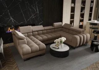 Wohnlandschaft Schlafsofa BASTIEN in Stoff Aragon Beige Ottomane Links