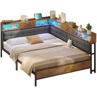 MSMASK Polsterbett Daybett Jugendbett mit LED-Beleuchtung und USB-Ladestation (Ohne Matratze), Bettgestell mit Lattenrost aus Metall,140x200