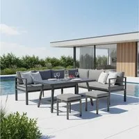 Gardissimo Gartenlounge-Set Lima Lounge / Gartenmöbelset / Dining Ecklounge Set, (Set, 4-tlg., Alu, Ecklounge, Esstisch, 2 Hocker, inkl. Auflagen), UV-beständig / mit Esstisch