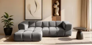 Ecksofa Designersofa BLANCHE in Stoff Bluvel Grau Ottomane Links