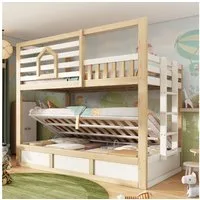 Flieks Etagenbett, Haus-Design Kinderbett 90x200cm mit Hydraulik-Unterbett und Leiter