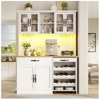 i@home Hochschrank Küchenschrank 140cm, mit Rollwagen, LED-Beleuchtung, Weinglasregal & Weinregal