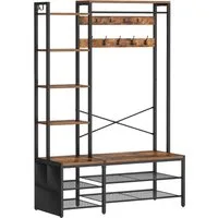 Hoobro Garderobenständer Garderobe mit Schuhregal und Sitzbank 9 Doppelhaken, 2 Seitenhaken, (1 Garderobenständer mit Schuhregal, Sitzbank, Haken, Ablagen und Seitentasche)
