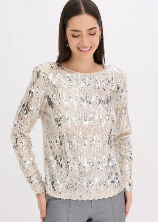 bonprix Pailletten-Langarmshirt, beige, Gr.32/34 (XS), modisches Pailletten-Langarmshirt mit Schulterpolstern