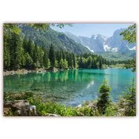 LYSCO Poster XXL Plakat Gebirgssee, Bergsee, Lake, Klarer Gebirgssee umgeben von Nadelwald, im Hintergrund mit imposanten schneebedeckten Gebirgsmassiven (S-816) (100 x 70 cm DIN B1), Wandbild, Wandposter (Lieferung gerollt)