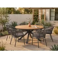 Lesli Living Garten-Essgruppe "Arrezo" Rund Ø120cm + 6 oder 4 Geflecht-Stühlen, Teakholz, Aluminium, (5-tlg), Sitzkissen, Geflochten, Scandi / Skandi - Boho, Gartenmöbel-Set, Rope