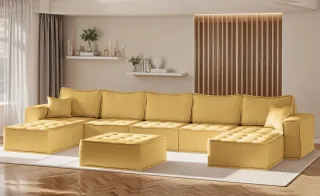 Wohnlandschaft Sofa U-Form Modulsofa-Set 6-teilig SANDE Stoff Raven Honiggelb