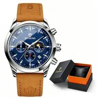 Fyrove Quarzuhr Herrenuhr Chronograph 42 mm mit Lederarmband, Datum, Leuchtzeigern, (Mineralglas, Quarzwerk, 3 ATM), analoge Armbanduhr für Business & Freizeit
