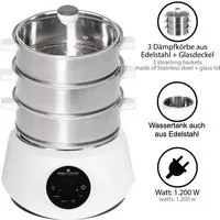 KeMar Kitchenware 4-in-1-Dampfgarer KFS-3000, 1200,00 W, Wassertank aus Edelstahl Dämpfkörbe aus Edelstahl, Glasdeckel
