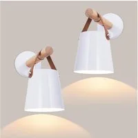 Riserva Wandleuchte Moderne Wandlampe mit Holz & Lederriemen, 2er-Set, E27, Weiß, 13x13cm