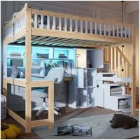 Merax Hochbett 140x200cm mit LED-Beleuchtung (1-St., Jugendbett Einzelbett Stockbett aus Kiefernholz/MDF) Kinderbett mit Stauraumtreppe, Regalen, Ablagefächern & Schreibtisch