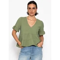 SASSYCLASSY Kurzarmshirt Musselin Shirt mit Volants für Damen Leichtes Baumwolltop mit tiefem V-Ausschnitt im oversized Fit