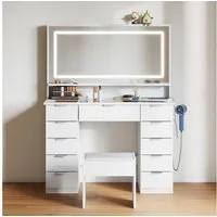 Mondeer Schminktisch Kosmetiktisch-Set(2-St) (mit Hocker & LED-Beleuchtung), Großer Spiegel, 11 Schubladen, Steckdosen und Glasplatte