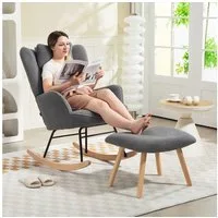 HOMCOM Schaukelsessel Gepolstert Schwingsessel mit Kissen, Fleece-Bezug, hoher Rückenlehne (Schwingstuhl, 2-St., Schaukelstuhl und Fußhocker), Stillsessel für Wohnzimmer, Schlafzimmer Dunkelgrau