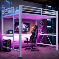 Flieks Hochbett Gamingbett Metallbett 140x200cm mit Schreibtisch und Ladefunktion