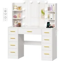 BEWISHOME Schminktisch mit Spiegel und Ladestation, 9 Schubladen, transparente Glasplatte (1-St), verstellbare LED-Beleuchtung, 2 Steckdosen + 2 USB-Anschlüssen
