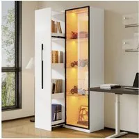 Merax Glasvitrine mit LED-Beleuchtung (70x40x160cm, 1-St., Bücherregal LED-Glasvitrine mit Aluminium-Türrahmen) Multifunktionsschrank Vitrine mit Glastür & seitliche Rollschublade
