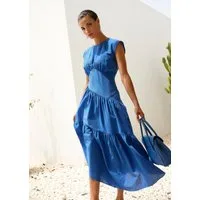MADELEINE Maxikleid Baumwollkleid mit Stufenrock Sommerkleid mit Rundhals, Wadenlänge und überschnittenen Schultern