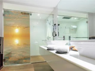 Duschkabine Dekor, Sonnenuntergang Glasdekor Dusche