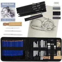Ikonka Skizzenblock Zeichen- & Skizzierset 54-teilig Bleistiften, Kohle, Zubehör & Buch, Komplettes Set für Skizzieren, Zeichnen und Schattieren Mobil nutzbar