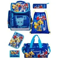 Familando Schulranzen Transformers 1.-4. Klasse ergonomisch, leicht, Volumen 15 Liter (Set, 6-tlg., inkl. Federmäppchen und Sporttasche), Transformers Bumblebee & Optimus Prime Motiv
