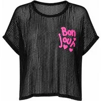 ITALY VIBES Netzshirt - Lochstrick Shirt für Damen - T-Shirt mit Frontprint "Bon Jour" ONE SIZE / passend für Größe XS - M