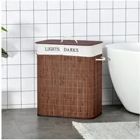HOMCOM Wäschekorb 100L Wäschesammler mit 3 Griffe mit waschbarem Wäschesack (Wäschebox, 2 St., Wäschekorb), abnehmbar Bambus Polyester Baumwolle Metall Braun+Weiß 52 x 32 x 63 cm