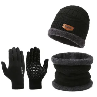 3pcs/set Women Men Winter Hat and Glove Sets Warm Knit Hat Snow Ski Skull Cap with Visor and Touch Screen Mittens Textin