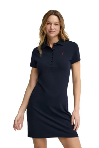 Kurzes Kleid-Shirt marineblau mit kurzen Ärmeln, Polokragen und Rigby Go Logo