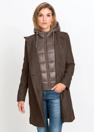 bonprix Winter-Kurzmantel in Wolloptik 2in1 Optik, braun, Gr.36, Angesagter Two-in-One-Wintermantel in Wolloptik