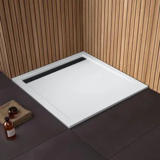 HSK Acryl Duschwannen, super-flach 90 × 100 cm, weiss, Ablaufrinne 68 Schwarz-matt, 5425095-04-68 5425095-04-68
