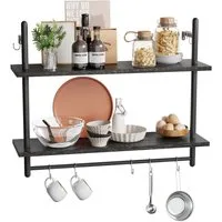 Bestier Wandregal Wandboard Holz, Küchenregal, Wandregal Badezimmer Metall, Schwebendes Regal Wandmontage, Bücherregal mit Handtuchhalter und Haken, Kaffeebar Regal, Weinhalter, Wohnzimmer Deko