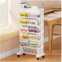TUWENA Bücherregal Mobiles Bücherregal mit Rollen,Bücherregalwagen mit 5/6 Ebenen Drehbar, SchreibtischOrganiser Tisch Aufbewahrungskorb für Schule Klassenzimmer