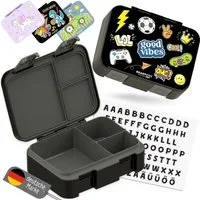 BEARFOOT Lunchbox Brotdose mit Fächern, leicht & auslaufsicher - Sticker schwarz, PP, ABS, Silikon, Kindergarten und Schule - Mädchen und Jungen, Vesperbox, Snackbox