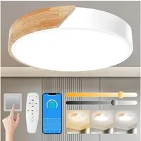 POPOLIC LED Deckenleuchte 24-W-moderne Leuchte, Deckenleuchte Holz, dimmbare Decke 3000k-6000k, ferngesteuerte LED-Deckenleuchte für Wohnzimmer und Flur, 30 cm, Weiß
