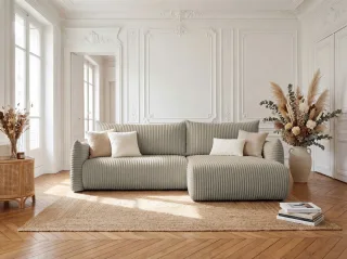 Ecksofa Schlafsofa MAILAND in Stoff Tilia Taupe Ottomane Rechts