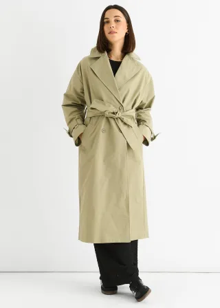 Salbeigrüner doppelreihiger Langarm-Trenchcoat mit Gürtel