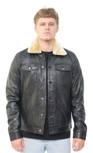 Herren-Truckerjacke aus Leder mit abnehmbarem Kragen-Zagreb