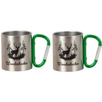 Geschenkestadl Becher 2 Metallbecher mit Karabiner, Camping, Wanderbecher mehrere Designs, Karabinerhaken Karabinergriff